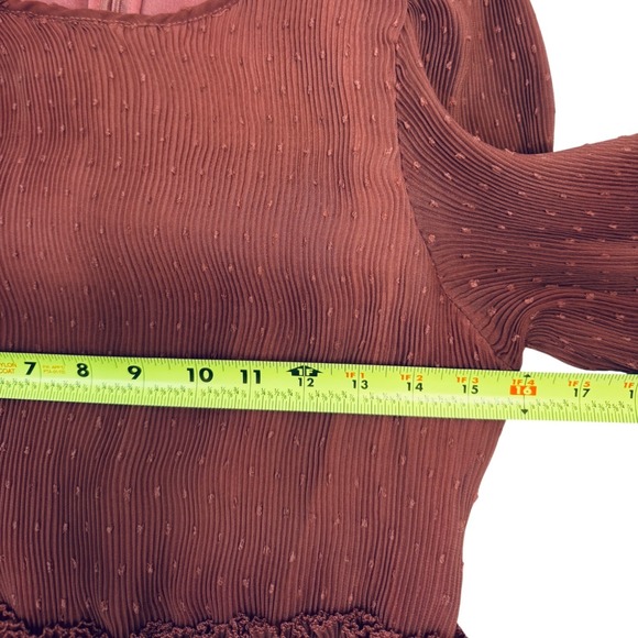 English Factory Pleated Tiered Midi Dress Mauve Puff Sleeve Ruffle Sz M Peasant - Picture 12 of 16